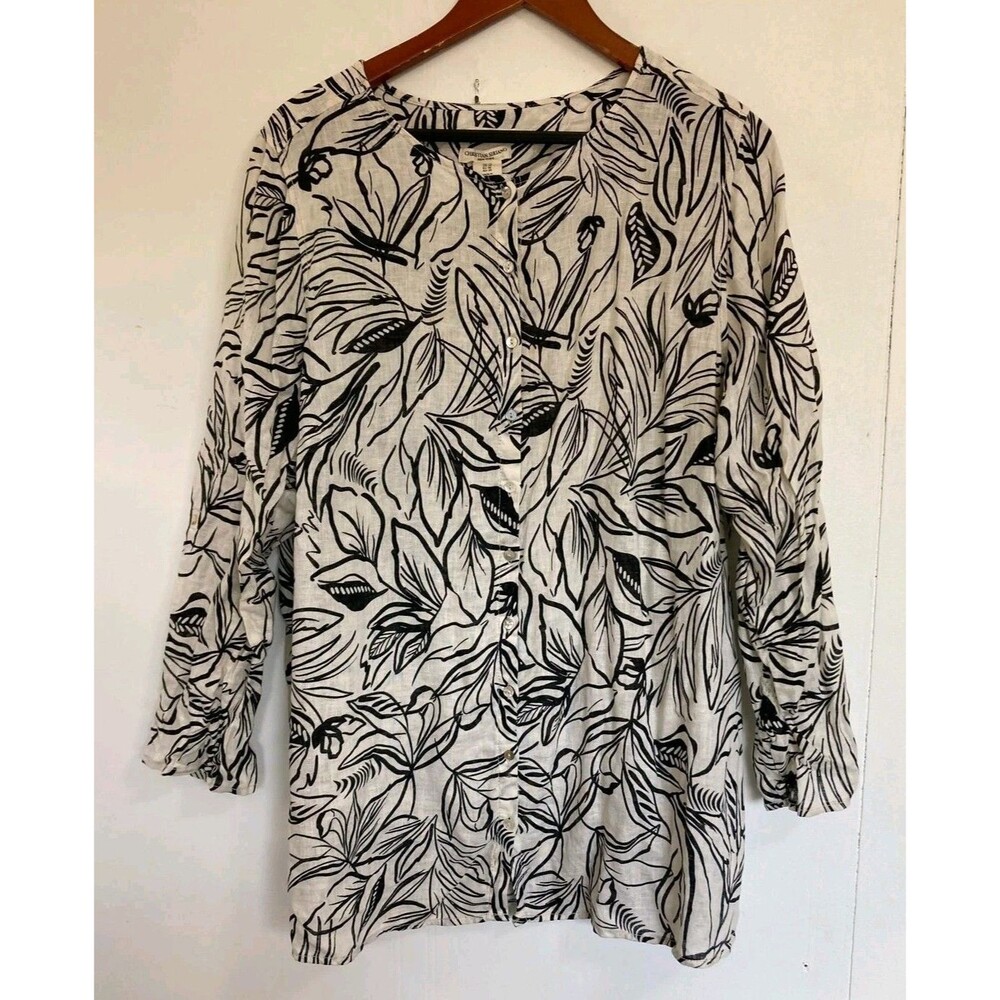 Christian Siriano Blouse Womens 1X Shirt Cream 100% Linen Floral Boho Coastal